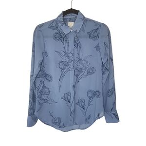 A New Day Women's Blue Sheer Floral Hidden Buttons Long Sleeve Blouse Size XS